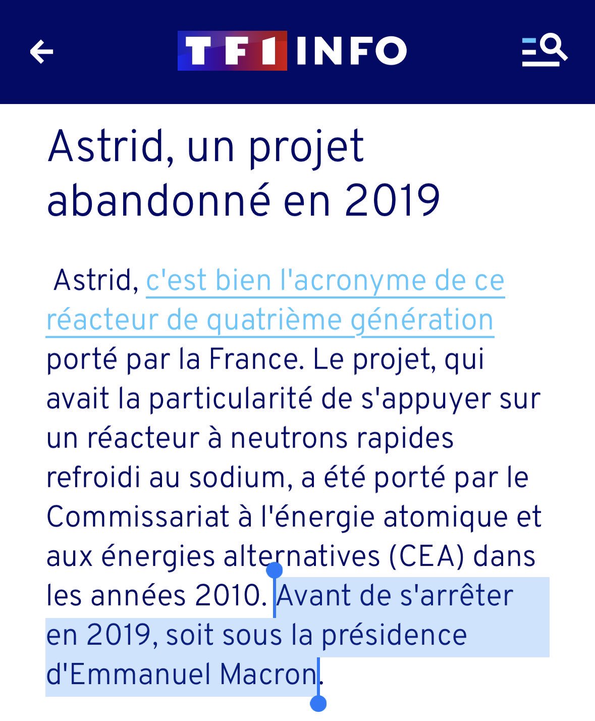 N. Dupont-Aignan on X: "En faisant semblant de « debunker » une information  de milieu « complotiste », TF1 confirme que le projet Astrid, qui pouvait  nous assurer une indépendance énergétique, a