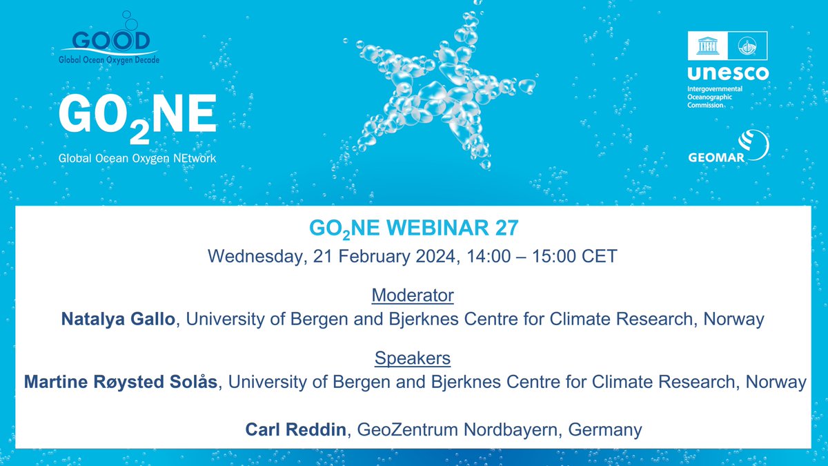 Register for the next #GO2NE webinar on 🌊 #ocean #deoxygenation👉 bit.ly/3HQYsUk

With moderator Natalya Gallo and speakers Martine Røysted Solås and @CarlReddin 

Previous webinars: bit.ly/3ZxtUPE

<a href="/IocUnesco/">UNESCO Ocean</a> <a href="/AOschlies/">Andreas Oschlies</a> @CarolineSlomp <a href="/KIsensee/">Kirsten Isensee</a>