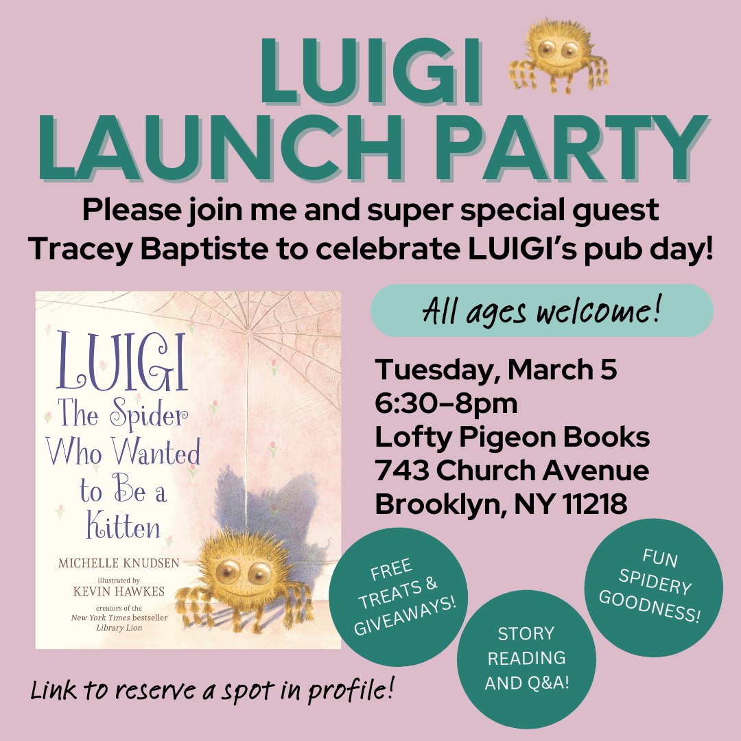 PLEASE COME TO MY PARTY FOR LUIGI! It's free and all ages are welcome! We'll have treats and giveaways and I'll be in conversation with special guest and superstar author @TraceyBaptiste. Link to reserve a spot in bio! You can preorder a book there too. ❤️🕷️