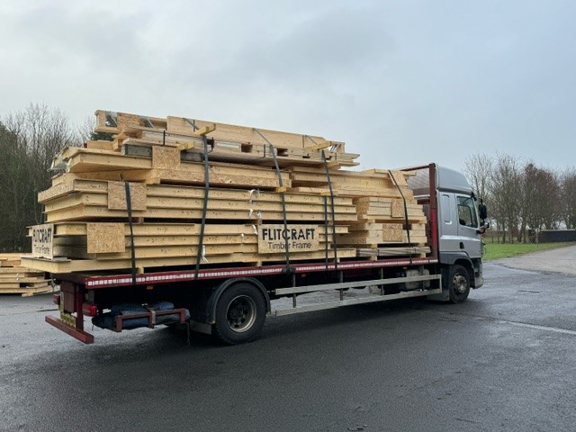 FlitcraftLtd's tweet photo. First deliveries of the timber frame to our project in Shropshire where access is tight, so rigids being used instead of artics.  If you have a timber frame project you would like to discuss with Flitcraft, please call us on 01995 679444 #injectawall #newbuild #timberframe https://t.co/SwfU7x7n4c