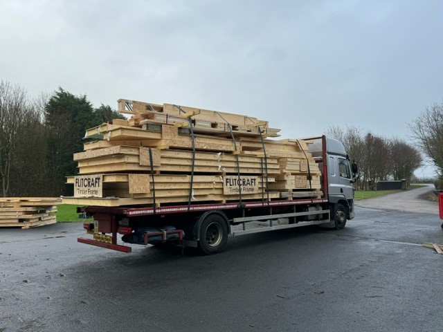 FlitcraftLtd's tweet photo. First deliveries of the timber frame to our project in Shropshire where access is tight, so rigids being used instead of artics.  If you have a timber frame project you would like to discuss with Flitcraft, please call us on 01995 679444 #injectawall #newbuild #timberframe https://t.co/SwfU7x7n4c