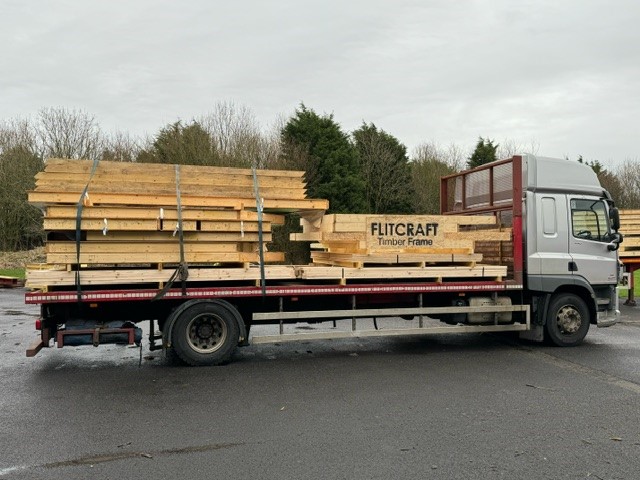 FlitcraftLtd's tweet photo. First deliveries of the timber frame to our project in Shropshire where access is tight, so rigids being used instead of artics.  If you have a timber frame project you would like to discuss with Flitcraft, please call us on 01995 679444 #injectawall #newbuild #timberframe https://t.co/SwfU7x7n4c