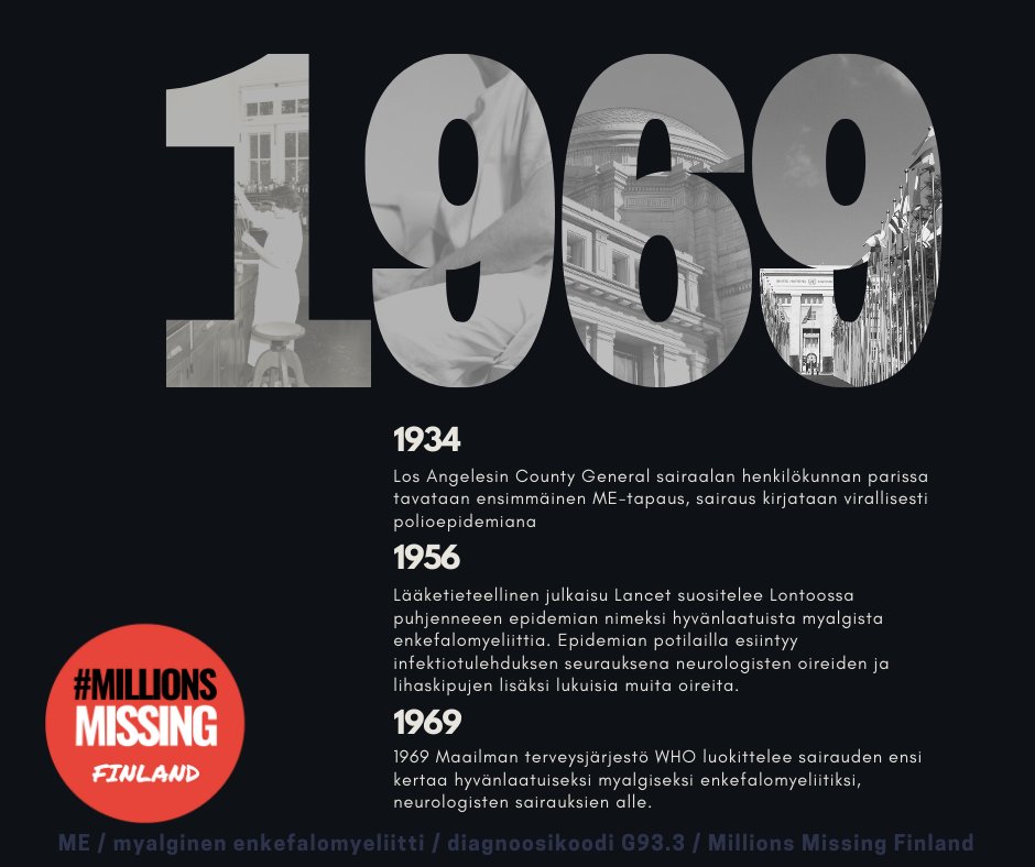FinlandMissing's tweet photo. MYALGINEN ENKEFALOMYELIITTI - HISTORIAN AVAINKOHTIA

1934 
ensimmäinen ME-tapaus kirjataan polioepidemiana

1956
Lancet ehdottaa nimeksi hyvänlaatuinen myalginen enkefalomyeliitti

1969
WHO antaa koodin ICD-8 323

https://t.co/mgVmiMVcC2

https://t.co/ULX1x4NvJW

1/8 https://t.co/N3FSR6fYc5