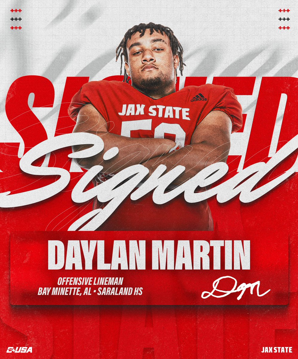 Jax State Football (@jaxstatefb) on Twitter photo 𝐒𝐈𝐆𝐍𝐄𝐃 🖋️
Welcome to Jax State, Daylan Martin‼️
<a href="/d_martin2024/">Daylan “Rhino” Martin</a>
#HardEdge | #NSD24 𝐒𝐈𝐆𝐍𝐄𝐃 🖋️
Welcome to Jax State, Daylan Martin‼️
<a href="/d_martin2024/">Daylan “Rhino” Martin</a>
#HardEdge | #NSD24
