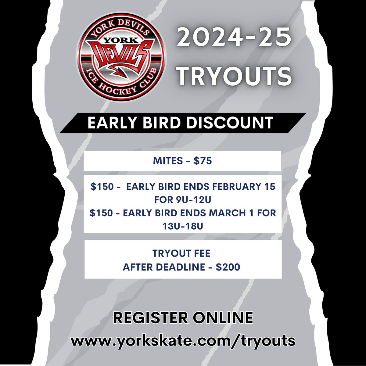 🏒Registration for York Devils 2024-2025 Tryouts are OPEN!! Early bird pricing ending soon for 9u-12u! Learn more and register today at the link below! #YorkIceArena #YorkPa #YorkDevils #hockeyplayer #hockeytryouts 

yorkskate.com/club-informati…