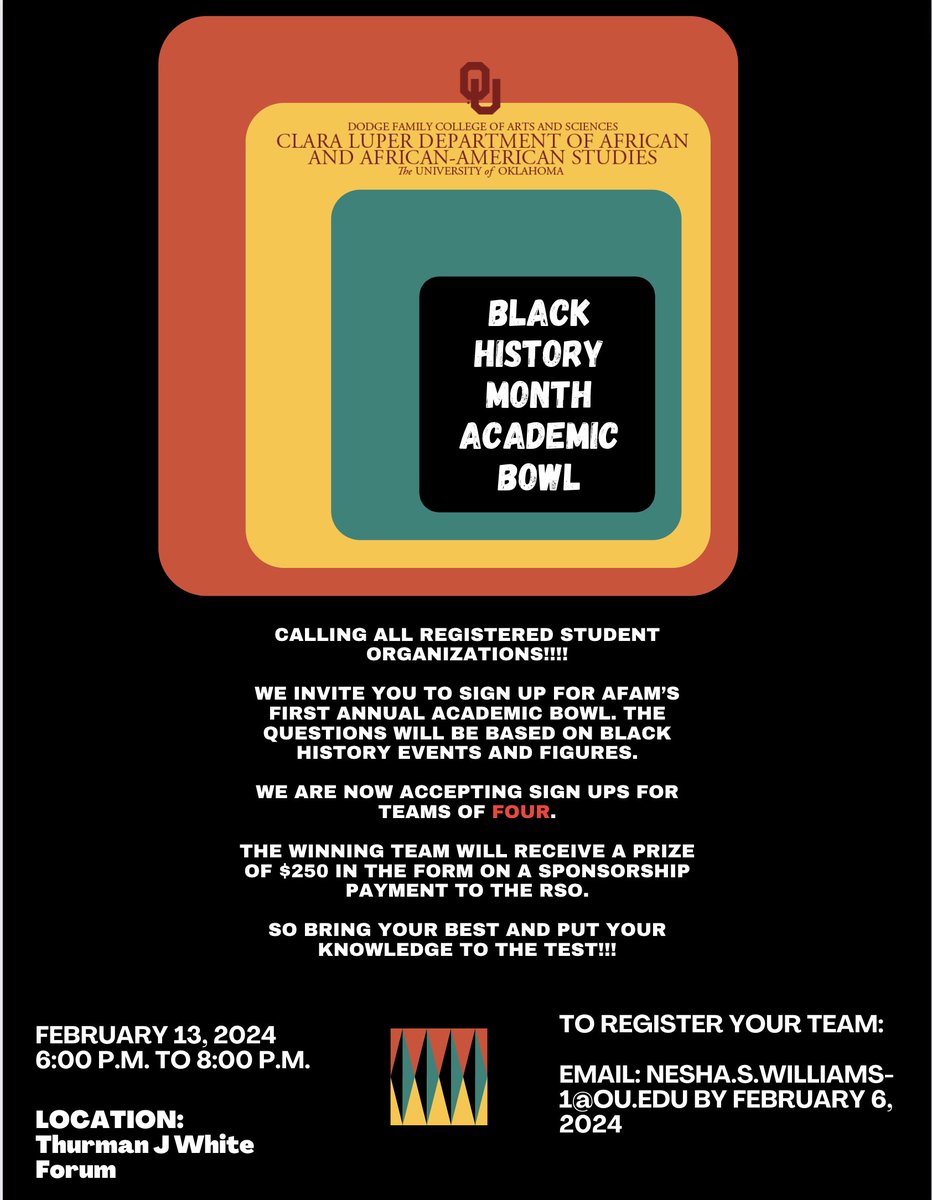 We're excited to host our first annual Black History Month Academic Bowl. We've extended the sign-up period until Friday, February 9th. #AFAM #BHM #BlackExcellence