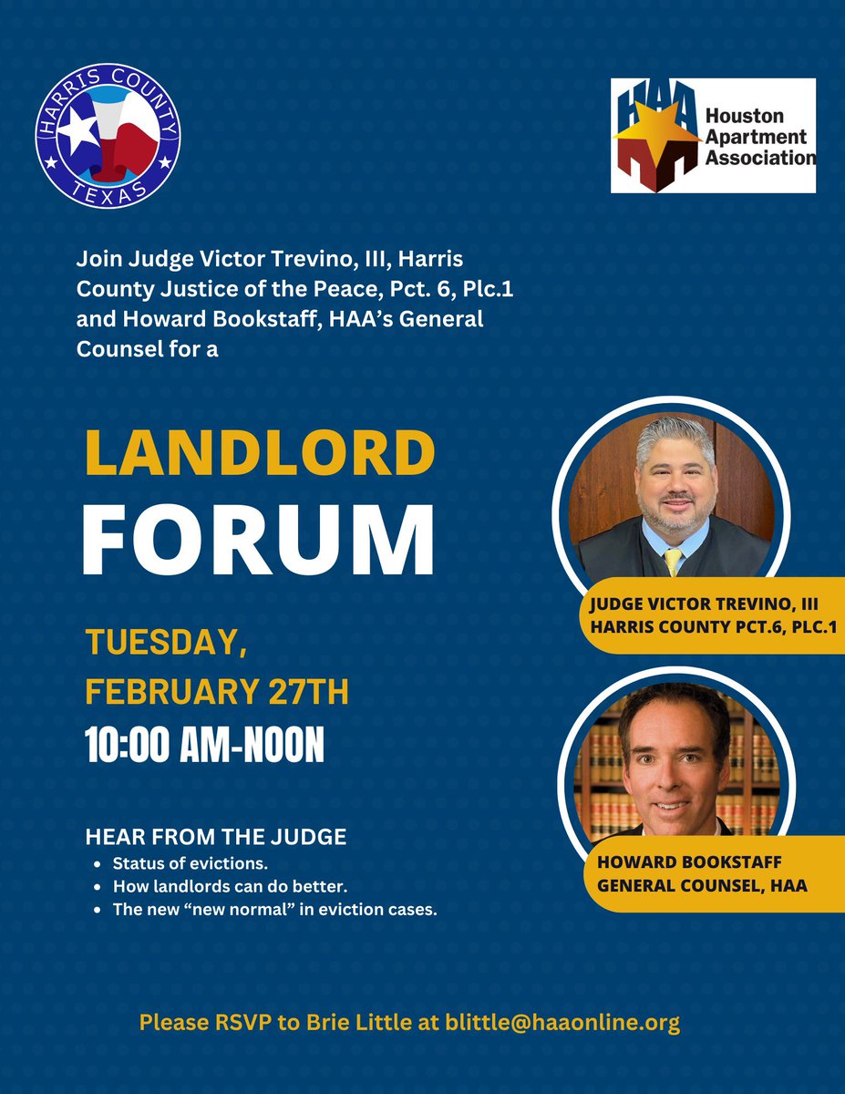 JudgeTrevinoIII's tweet photo. Calling all Landlords, if you have a question regarding your landlord/tenant relationship or the eviction process, we will have your answer. Join myself and the @HAAonline’s General Counsel 2/27 from 10am-12pm at my courthouse (333 Lockwood) to provide accurate answers. #JP61 ⚖️ https://t.co/u5TfxB8d4i