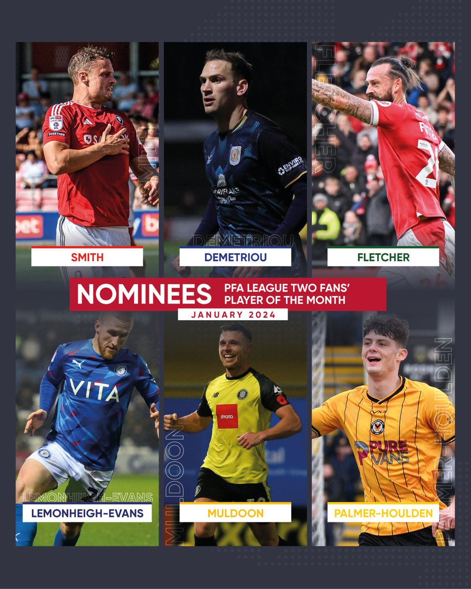 PFA League Two Fans' Player of the Month nominees for January 🏆

🔴 <a href="/mattjpsmith/">Matt Smith</a> 
🔴 <a href="/Mickeyd_09/">Mickey Demetriou</a> 
🔴 Steven Fletcher
🔵 <a href="/connorevans1/">Connor Lemonheigh Evans</a> 
🟡 <a href="/J_muldoon11/">jack Muldoon</a>
🟠 <a href="/HouldenSeb/">Seb Palmer-Houlden</a> 

Vote here 🗳️➡️ thepfa.com/fpotm/league-t…