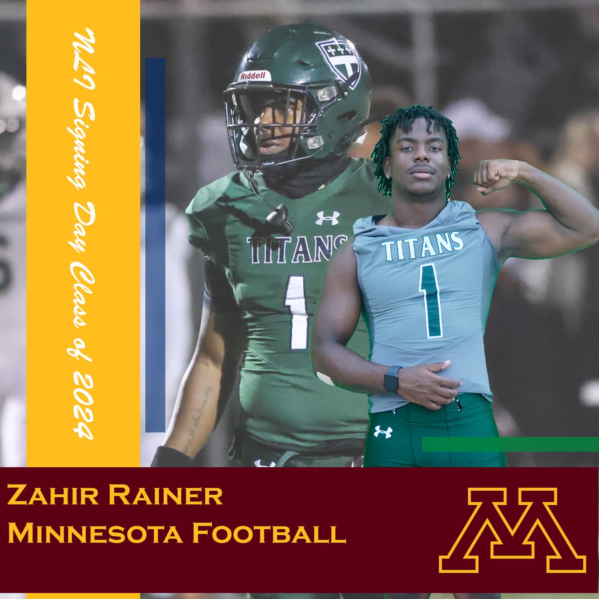 Happy winter NLI signing day for Zahir Rainer! He's headed to continue his football career at @GopherFootball Congratulations Z, Titan nation is excited to watch you at the next level!