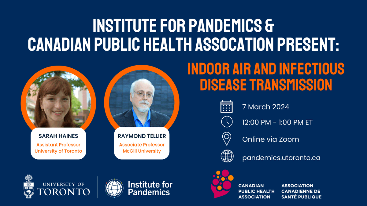 The <a href="/UofT_Pandemics/">Institute of Health Emergencies & Pandemics</a> and <a href="/CPHA_ACSP/">Cdn Public Health Assoc.</a> present a webinar for public health professionals to hear the latest research on indoor air transmission of infectious diseases and strategies to reduce exposure. Register at ow.ly/kn4Z50QyMgU