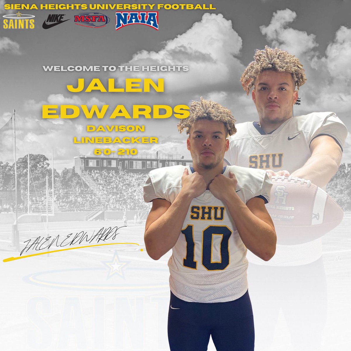 SienaHeightsFB's tweet photo. 📝SIGNED

It’s official @Jalen_Edwards24 is now a Saint!

Welcome to the 517!

#JoinTheHunt #ONE💙💛 https://t.co/iZ15WAUipI