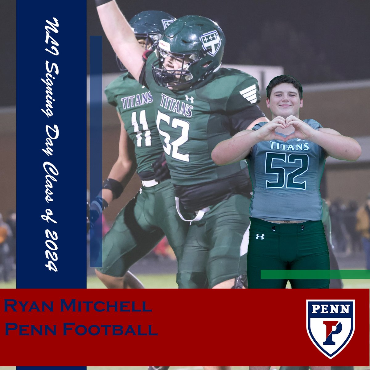 Happy winter NLI signing day for Ryan Mitchell! He's headed to continue his football career at @PennFB Congratulations Ryan, Titan nation is excited to watch you at the next level!