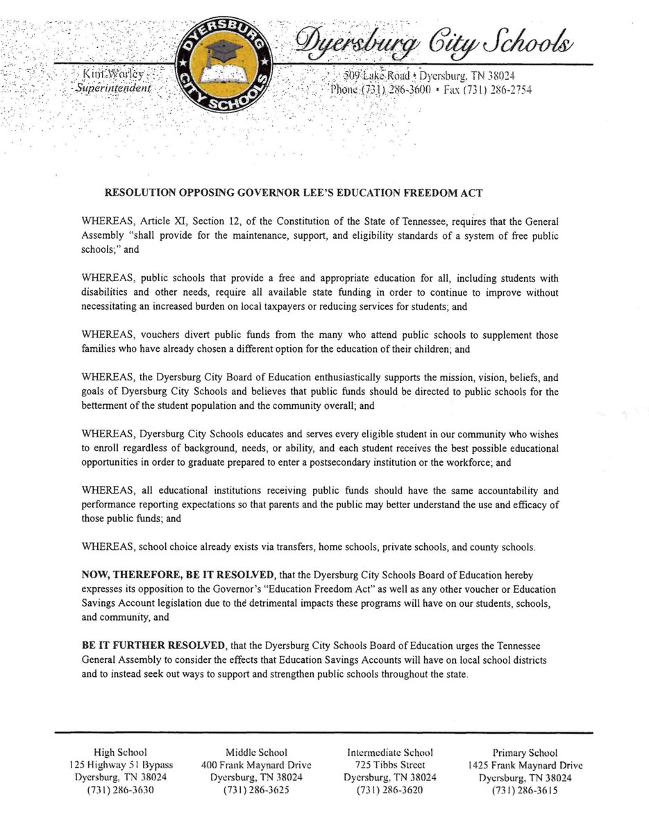 dburgschools's tweet photo. The Dyersburg City School Board unanimously passed a resolution opposing Governor Bill Lee's expansion of Educational Savings Accounts. The resolution will be filed with the TN State School Board, the TN Organization of School Superintendents, and the TN General Assembly. https://t.co/Q4CMabP0MU