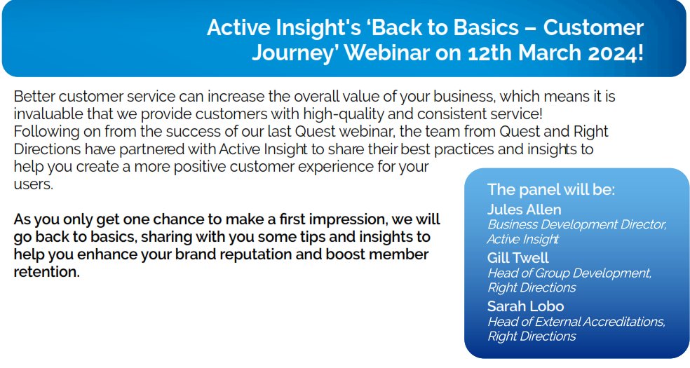 R__Directions's tweet image. SAVE THE DATE...

For Active Insight's 'Back to Basics - Customer Journey' webinar on 12th March at 10:30!

We will be sharing tips to help you enhance your brand reputation and boost member retention. Register here: ow.ly/6F6u50QyM5T

#ActiveInsight #RightDirections #Quest