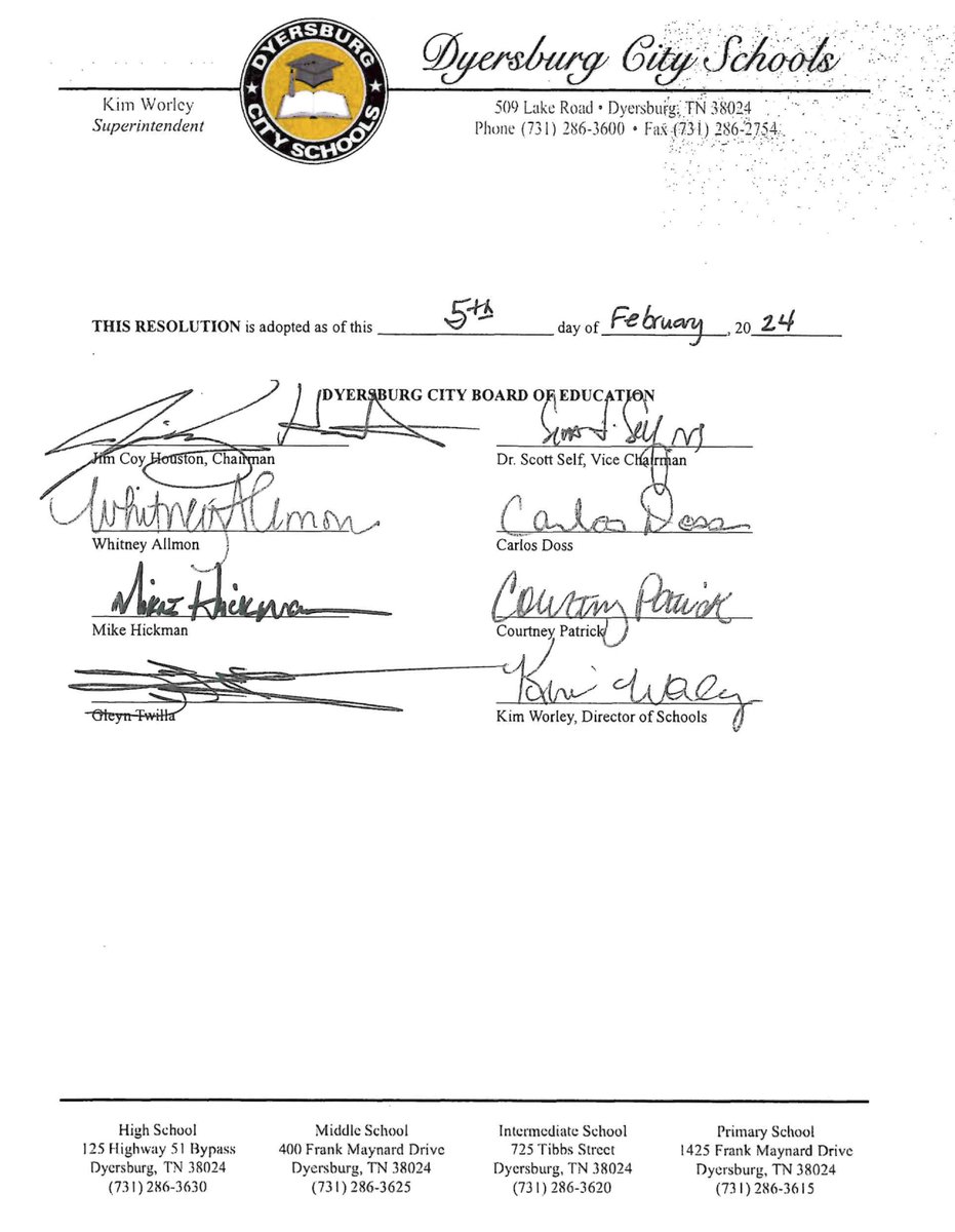 dburgschools's tweet photo. The Dyersburg City School Board unanimously passed a resolution opposing Governor Bill Lee's expansion of Educational Savings Accounts. The resolution will be filed with the TN State School Board, the TN Organization of School Superintendents, and the TN General Assembly. https://t.co/Q4CMabP0MU