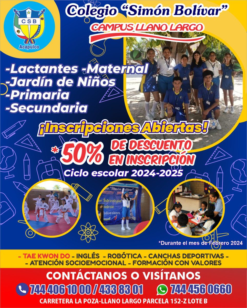 csbmexico's tweet photo. 🌟CSB Campus Llano Largo 
🏆¡Únete a los triunfadores!
#Febrero preinscripciones
🔴5️⃣0️⃣% de descuento en #inscripción 

🥇Somos la mejor opción en #educación 
🤖🥋🏅⚙️🧠🪛🌐📐⚽️🏀🏐🎨
☎️744 433 83 01 / 744 406 10 00 
📲744 456 06 60 
📍Carretera La Poza-Llano Largo 

#Acapulco https://t.co/7DN7SK41MC