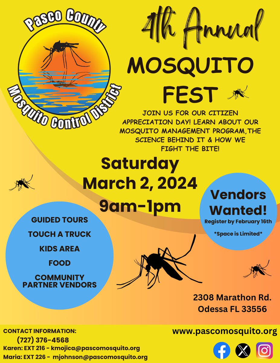 PascoMosquito's tweet photo. ๐ฆ #PCMCD Mosquito Fest is almost here!
Sat, March 2nd / 9am-1pm A fun family day to see all we do at mosquito control & come visit our community vendors.
๐ฆ FREE to attend! ๐ฆ
Thank you to our community vendors that will be participating. ๐ฆ
#MosquitoFest2024 #PCMCD https://t.co/ZD7kSsKDdu