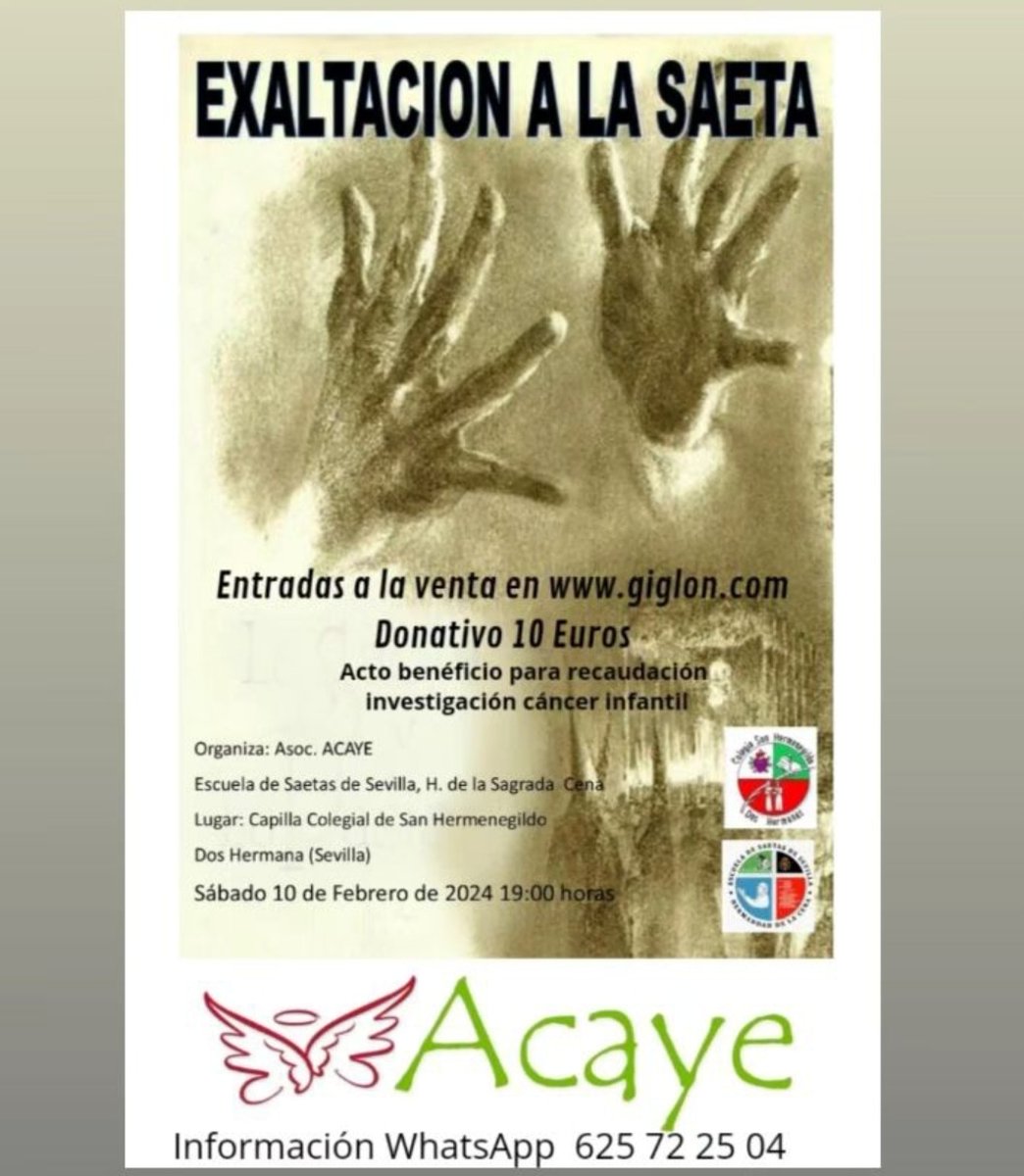EXALTACIÓN DE LA SAETA. ACAYE. DOS HERMANAS (SEVILLA). 10 FEBRERO 2024

El sábado 10 de febrero,a las 19:00h, será la Exaltación de la saeta de la Asociación <a href="/Acaye3/">Acaye</a>,en la Capilla colegial de San Hermenegildo,donde participa la <a href="/EscuelaSaetasSv/">EscuelaSaetasSevilla</a> de la Hermandad de <a href="/LaCenaSevilla/">Hermandad de la Sagrada Cena</a>