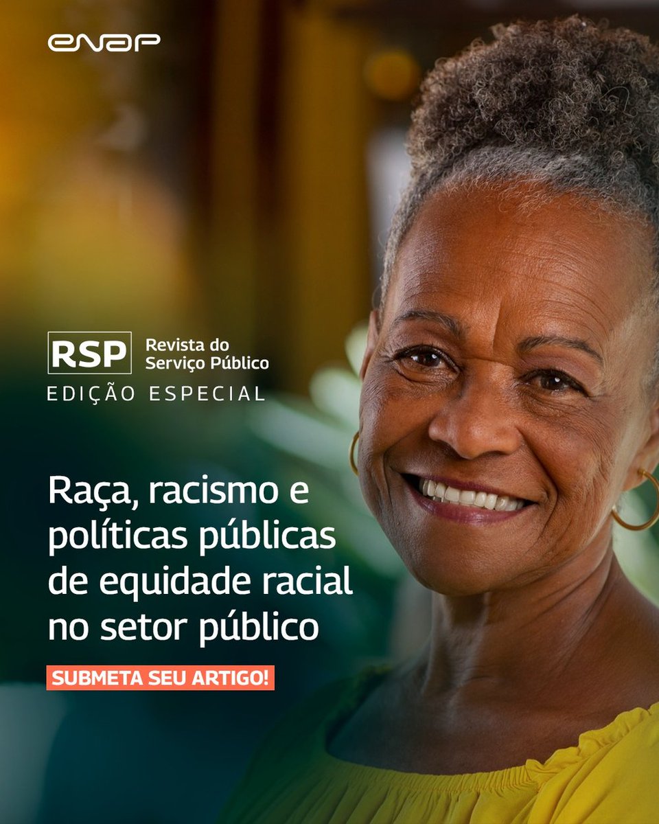A edição especial da Revista do Serviço Público, que em 2024 completa 87 anos, será dedicada ao tema Raça, racismo e políticas públicas de equidade racial no setor público, e convida a todos/as a submeterem artigos científicos até 21/3. Mais detalhes: tinyurl.com/RSPraca