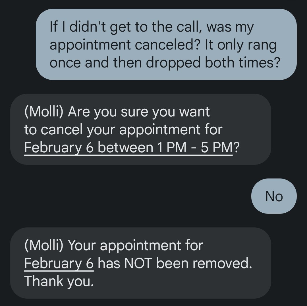 WhyteLyte's tweet photo. @MediacomCable - please include a way to reach out to technicians if the pre-appointment call is missed. My phone rang once and then dropped x2. Now my appointment had to be pushed back 3 days.

The automated system said my appointment wasn't canceled, though it actually was https://t.co/t0BrHdwrC4