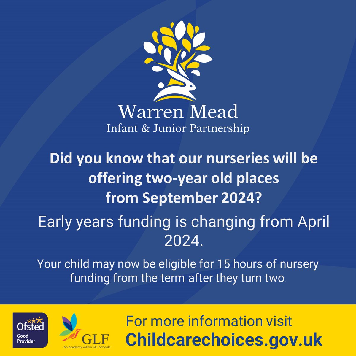 From September, Warren Mead Nursery will be offering two-year olds places! To book a tour of our incredible nursery or apply for a place, visit the link in our bio. #glfschools #nurseryfundingchanging #surreyschools