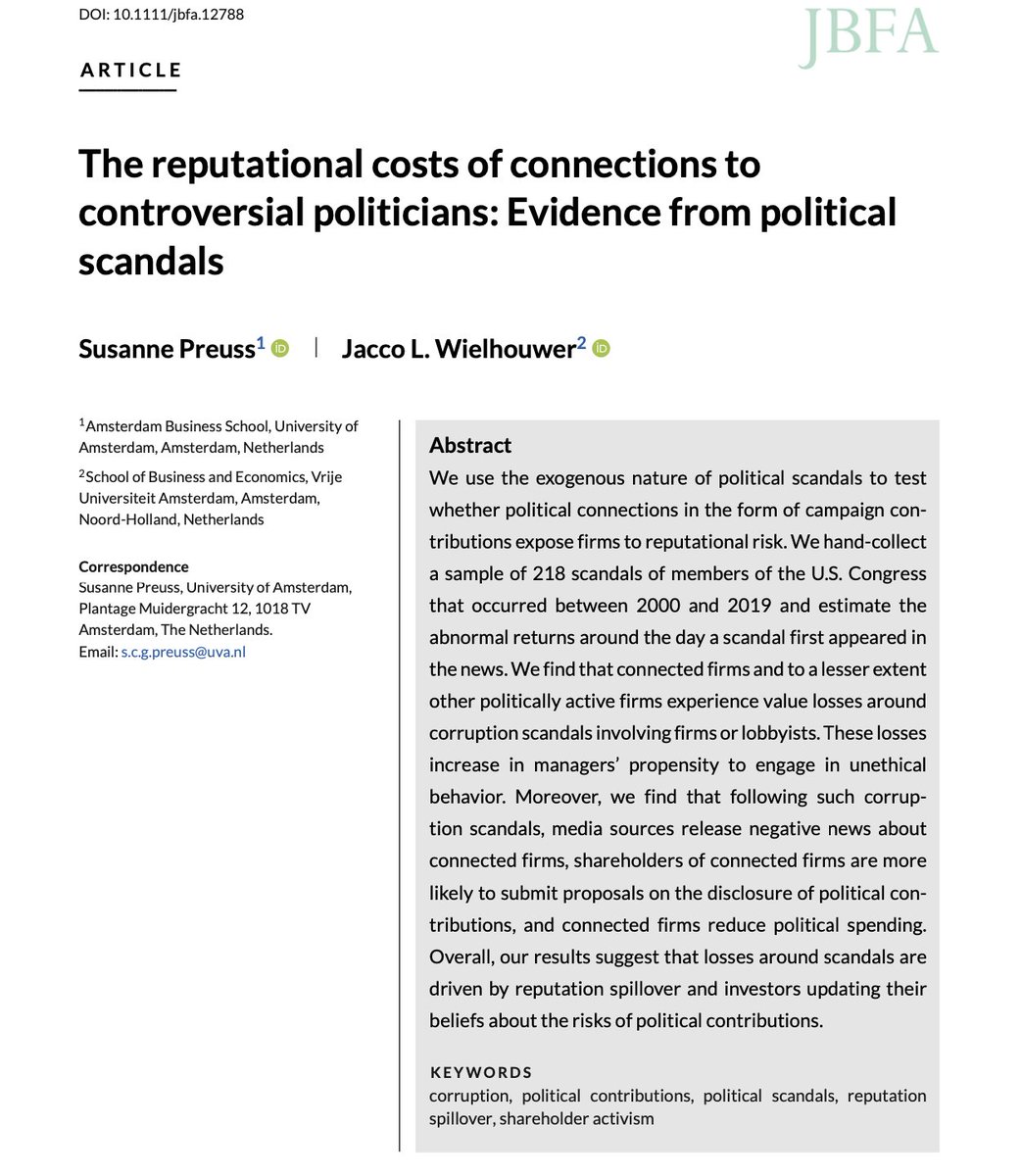 Very excited to see our article on the impact of political scandals on connected firms in JBFA! The full dataset including 218 political scandals, event dates, case descriptions, politician characteristics, etc. is available at doi.org/10.34894/RANITN