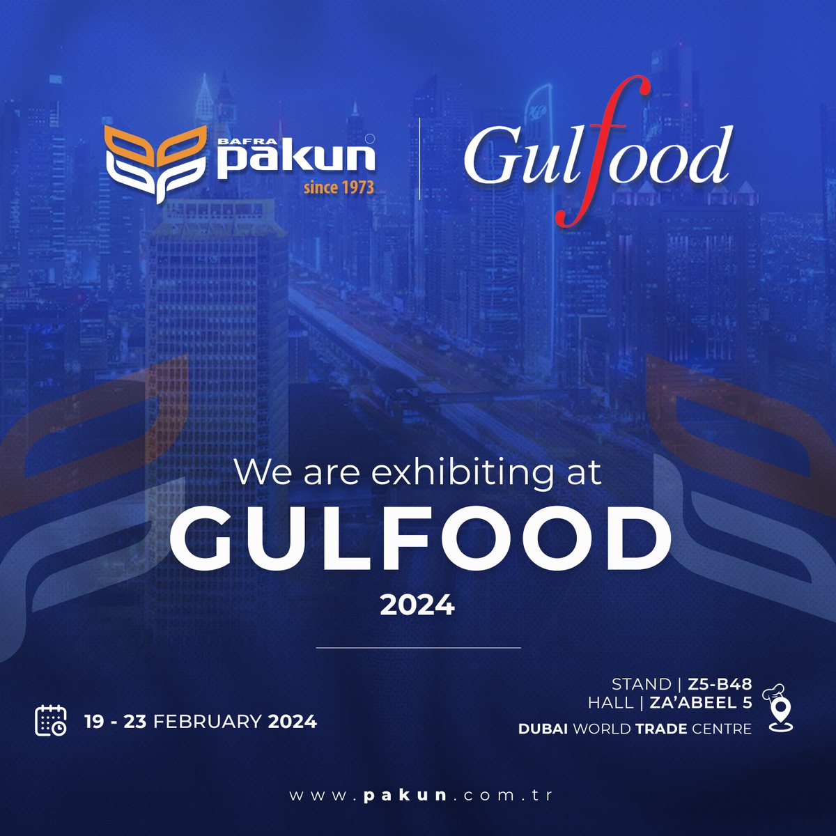 Dünyanın en büyük gıda fuarı Gulfood Dubai’de sizleri ağırlamaktan mutluluk duyarız.

We are happy to host you at Gulfood Dubai F&B Exhibition
 
Date: 19-23 February 2024
Hall: Za’abeel 5
Stand: Z5 - B48
Location: Dubai World Trade Centre

#Pakun #PakFlourMills #Gulfood2024