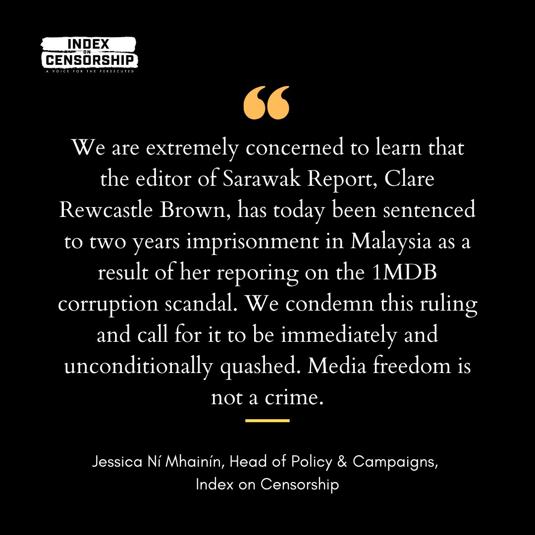 #Malaysia: Deeply troubling news that a magistrate in Terengganu has issued a prison sentence in absentia for Clare Rewcastle Brown. sarawakreport.org/2024/02/lawyer… @sarawak_report @RewcastleBrown