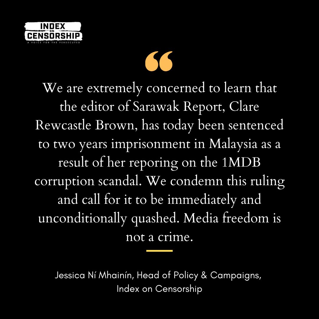 IndexCensorship's tweet photo. #Malaysia: Deeply troubling news that a magistrate in Terengganu has issued a prison sentence in absentia for Clare Rewcastle Brown.

https://t.co/m7hjDSeQJp

@sarawak_report @RewcastleBrown https://t.co/ygiB8jsZZa