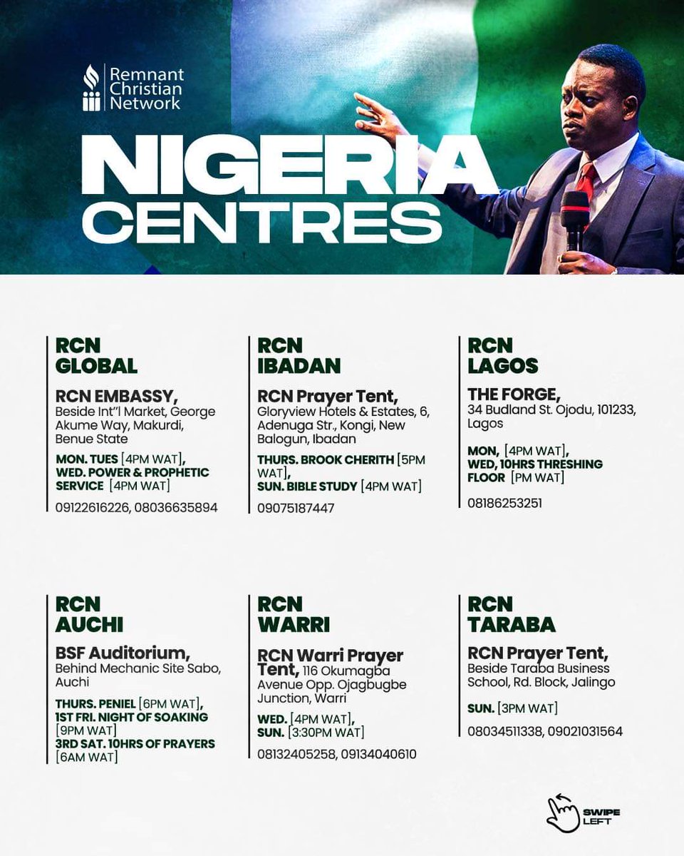 ApostleArome's tweet photo. Many years ago, the Lord committed into my hands the kingdom responsibility of facilitating the rebirth of true apostolic Christianity upon the landscape of Nigeria and, by extension, Africa & the world.

I am thrilled to inform you that numerous apostolic centres have been established throughout the nation, each dedicated to fulfilling this heavenly mandate.

Explore the attached flyers for comprehensive details on the diverse spiritual engagements taking place at each centre.

@_rcnglobal 

#RemnantChristianNetwork
#ApostleArome
#AromeOsayi
#ApostleAromeOsayi