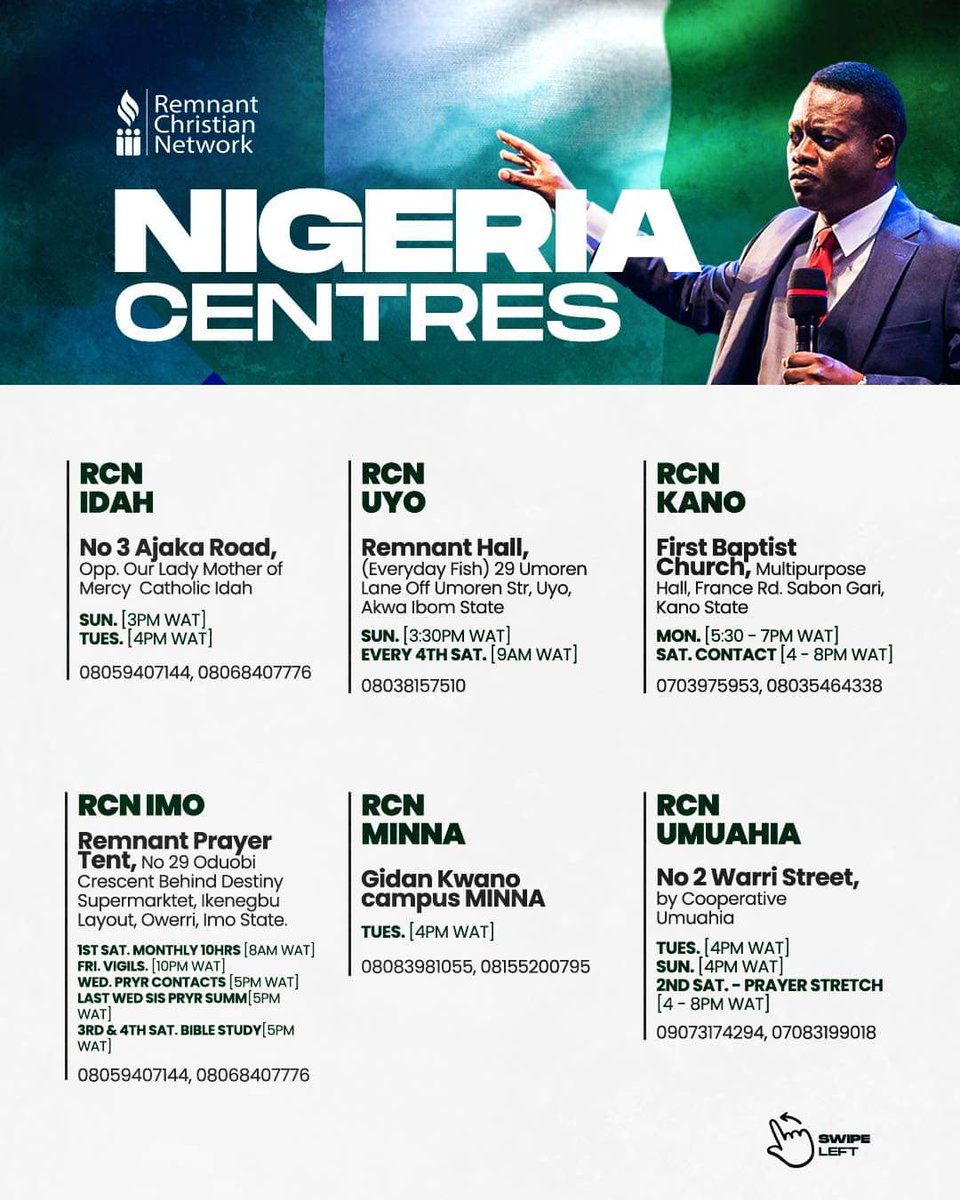 ApostleArome's tweet photo. Many years ago, the Lord committed into my hands the kingdom responsibility of facilitating the rebirth of true apostolic Christianity upon the landscape of Nigeria and, by extension, Africa & the world.

I am thrilled to inform you that numerous apostolic centres have been established throughout the nation, each dedicated to fulfilling this heavenly mandate.

Explore the attached flyers for comprehensive details on the diverse spiritual engagements taking place at each centre.

@_rcnglobal 

#RemnantChristianNetwork
#ApostleArome
#AromeOsayi
#ApostleAromeOsayi