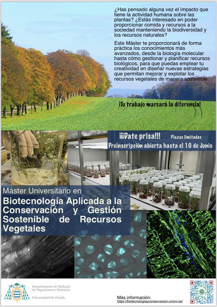 Abierto el plazo de preinscripción anticipada para el Máster en Biotecnología Aplicada a la Conservación y Gestión Sostenible de Recursos Vegetales de la Universidad de Oviedo. biotecnologiayconservacion.uniovi.es