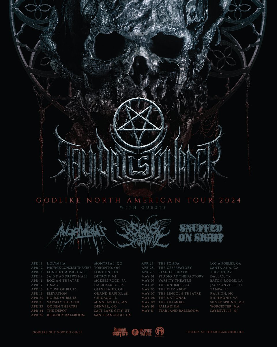 We’re excited to join @thyartismurder's ‘Godlike’ North American Tour, alongside @AngelMakerBand and @SnuffedOnSight 🔥 Tix are avail from 10 AM local time Friday, and you DON’T want to wait as these shows will go quick and be INSANE! Where will we see you? 👀