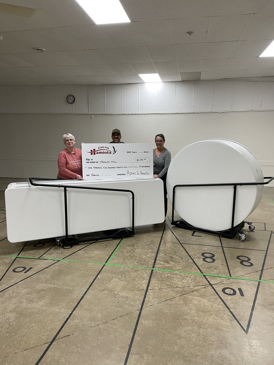 Acres for Hamiota presented Hamiota Hall with a cheque to complete the sets of new round and rectangular tables for the hall.