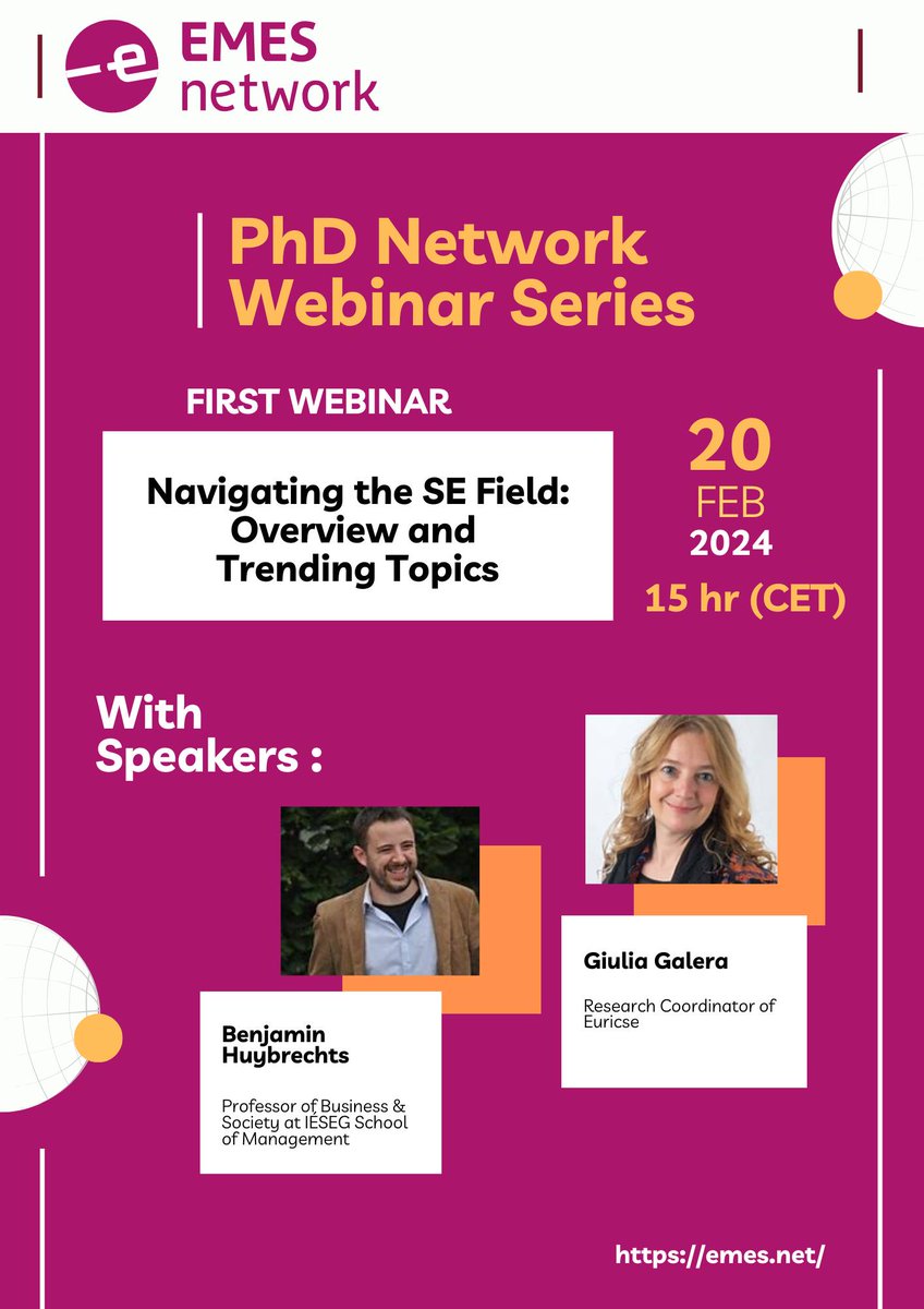 EMES PhD Community invites you to the first webinar in the series 'Navigating the SE field' ahead of #9EMEStrainingschool Join the engaging conversation with Giulia Galera (@Euricse) and Benjamin Huybrecths (IESEG) Online: l1nq.com/fGDWg