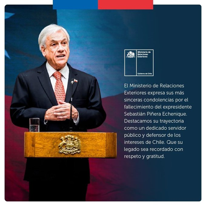 La Misión de Chile ante la OCDE, expresa sus más sinceras condolencias por el fallecimiento del expresidente Sebastián Piñera Echenique.