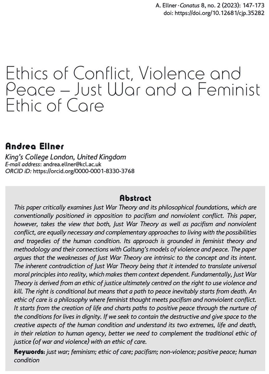Conatus_Journal's tweet photo. Recently published: Ellner, A. “Ethics of Conflict, Violence and Peace – Just War and a Feminist Ethic of Care”. Conatus - J. Philos. 8 (2): 147-173.
Available @ https://t.co/Vxv2pagGo1. 
#justwar #feminism #feminisme #ethicsofcare #pacifism #nonviolence #Peace #humancondition https://t.co/RdSqU3UyxT
