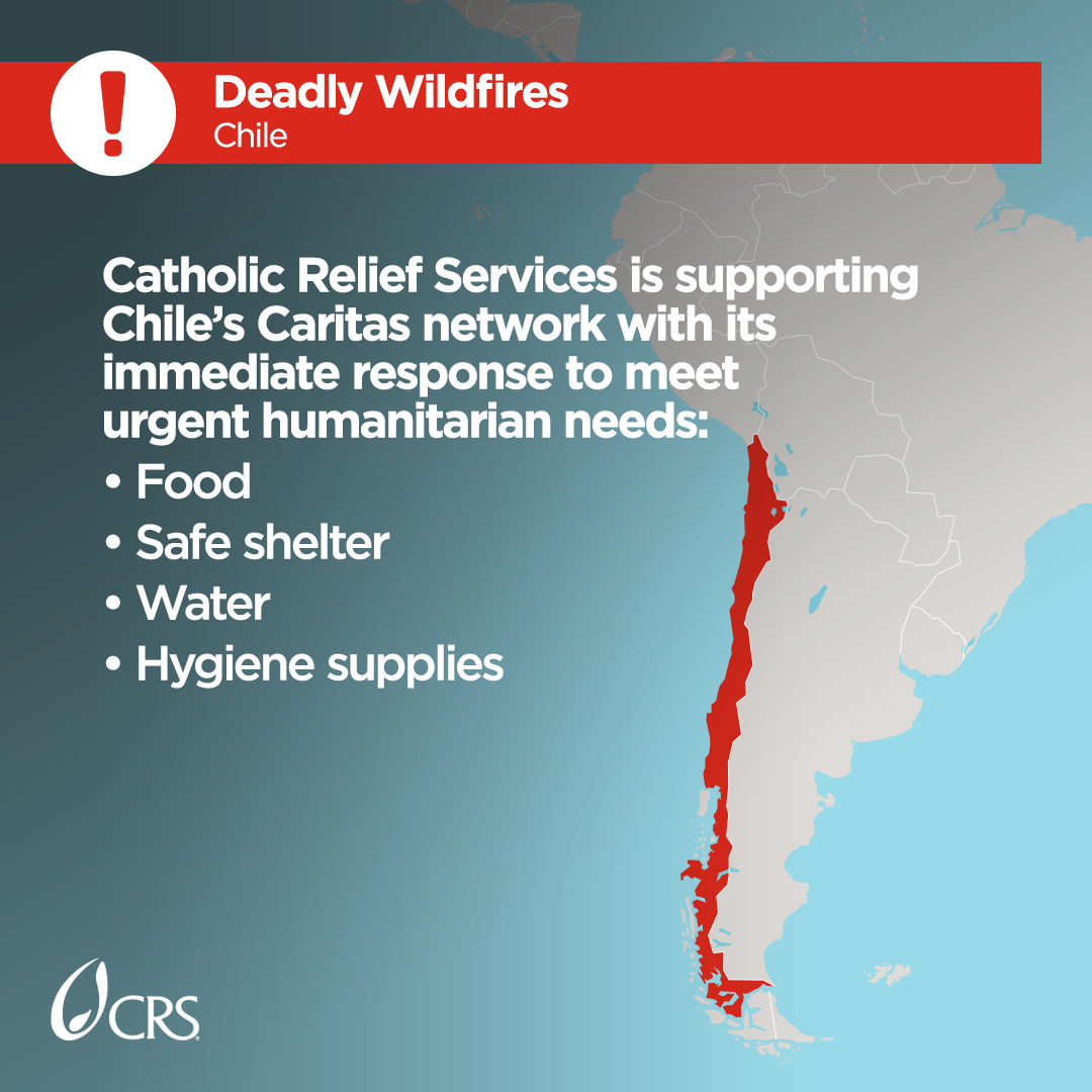 Deadly wildfires in #Chile have displaced thousands and threaten to cause continued destruction. CRS is supporting @caritaschile network with its immediate response to meet urgent humanitarian needs. You can help families in Chile: brnw.ch/21wGLcO