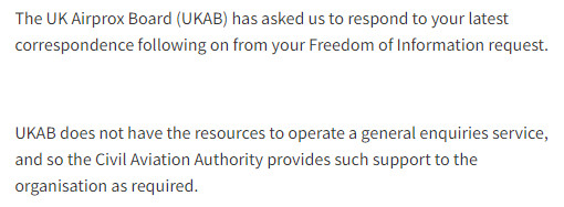 UAVHive's tweet photo. That moment when the CAA jump in & take over an FOIA to UKAB (UK Airprox Board).
It's almost like UKAB had started saying things they shouldn't have...
The CAA is trying to prevent it coming out that's sweet F.A. drone expertise analysing #Airprox. https://t.co/nDtax45Zso