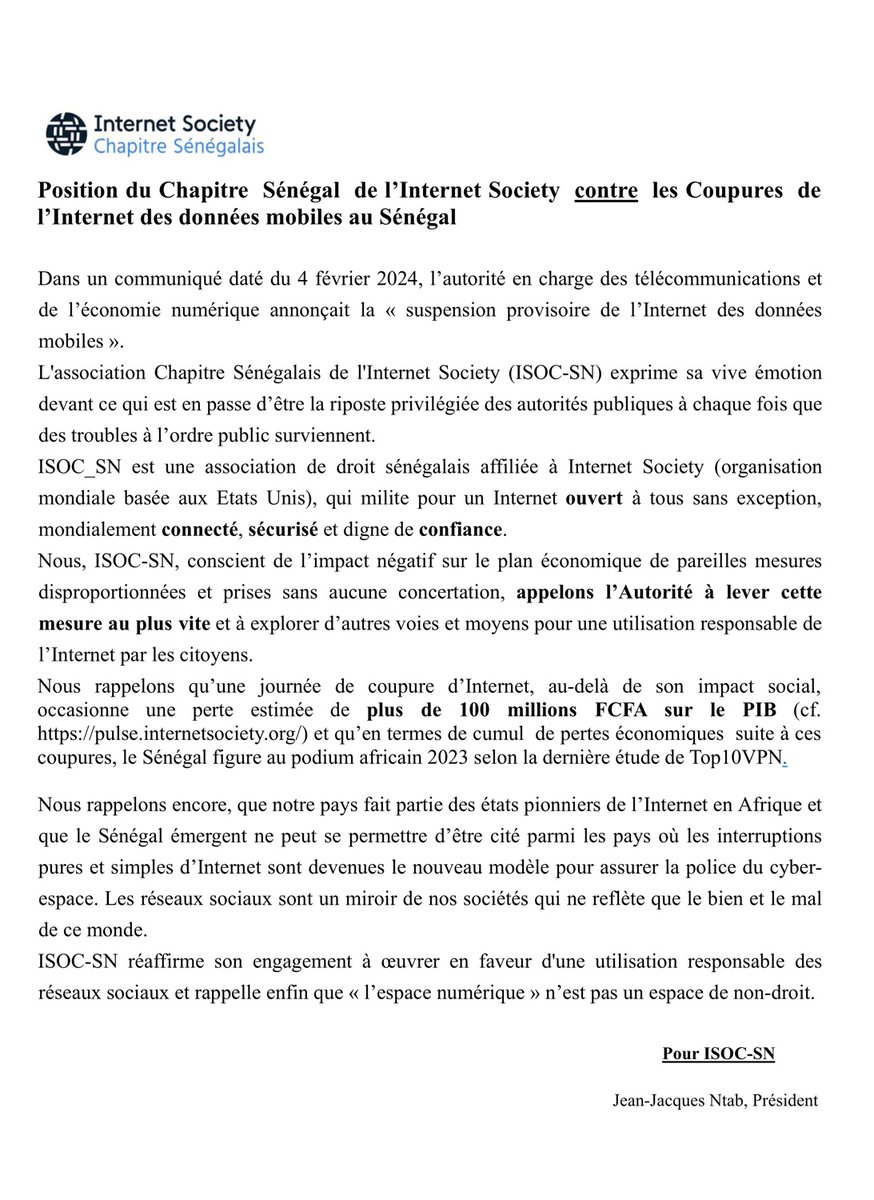 ISOC Sénégal (@isocsenegal) on Twitter photo Position du Chapitre Sénégal de L'Internet Society contre les coupures de l'internet des données mobiles au Sénégal .
<a href="/isocsenegal/">ISOC Sénégal</a>
<a href="/ISOC_Foundation/">Internet Society Foundation</a>
<a href="/VictorNdonnang/">Victor Ndonnang</a>
<a href="/acorenthin/">Alex Corenthin</a> Position du Chapitre Sénégal de L'Internet Society contre les coupures de l'internet des données mobiles au Sénégal .
<a href="/isocsenegal/">ISOC Sénégal</a>
<a href="/ISOC_Foundation/">Internet Society Foundation</a>
<a href="/VictorNdonnang/">Victor Ndonnang</a>
<a href="/acorenthin/">Alex Corenthin</a>