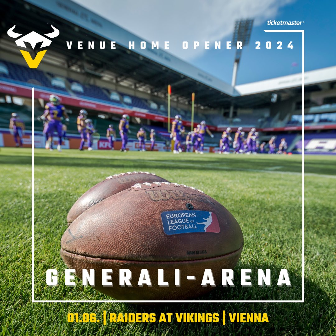 A Beautiful Stage For A Wild Match-Up. 💜🤩 We are thrilled to announce that we will play our 2024 #HomeOpener on June 1st at the #GeneraliArena, facing the Raiders Tirol for #BattleForAustria V. #PurpleReign #ViennaVikings 📸 @HJirgal | @ELF_Official