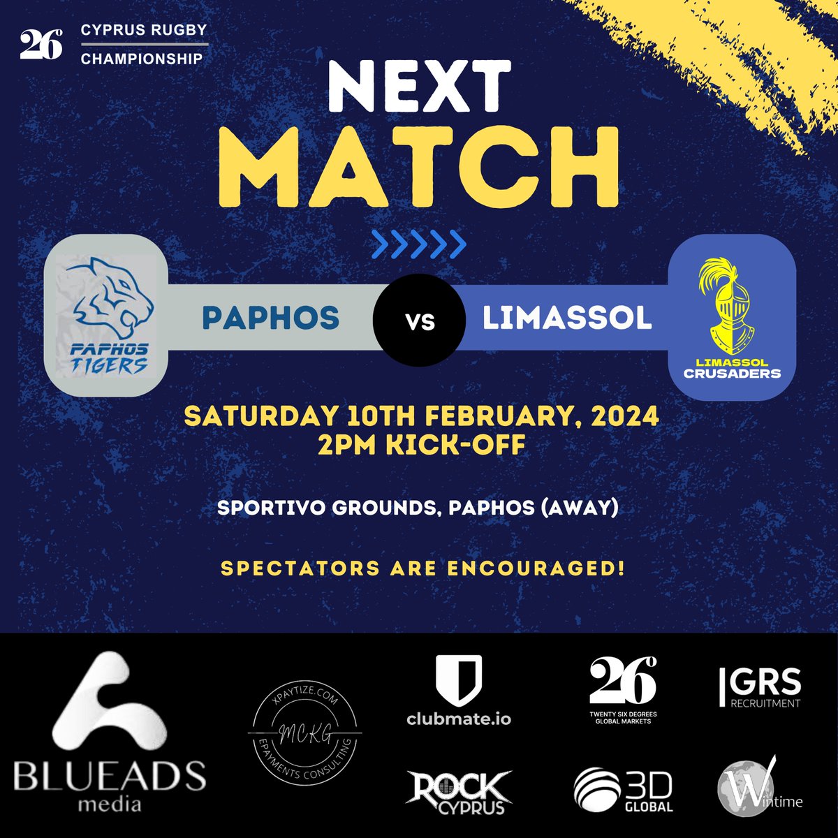 LimCrusaders's tweet photo. This Saturday the Crusaders face their rivals, Paphos Tigers, in the final round of the XVs championship! 💪

All supporters are welcome! 🥳

🏉vs Paphos Tigers
🕑2:00PM Kick-Off
📅10th February, 2024
📍Sportivo Grounds, Paphos (Away)

#CyprusRugby @Cyprus_Rugby https://t.co/6aiSQqN8TU