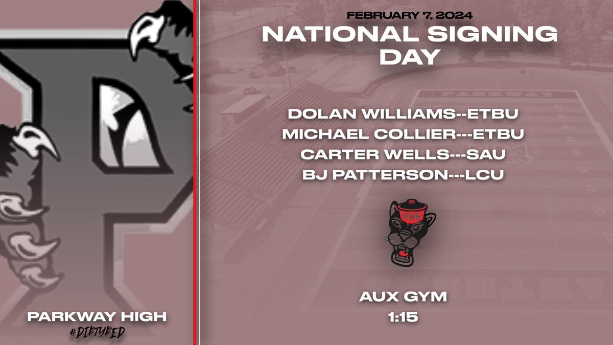 Join us today at 1:15 in the AUX gym to celebrate and recognize Dolan, BJ, Carter, and Michael as they sign to continue their football careers.

#Dirtyred