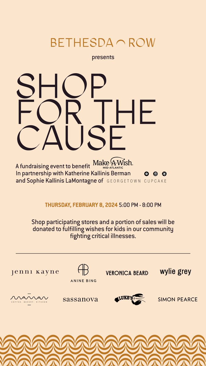 Join us tomorrow evening at @bethesdarowfrt for a night of shopping to benefit @wishmidatlantic! Shop your favorite brands and support Make-A-Wish Mid-Atlantic in granting even more wishes to children battling critical illnesses in the DC, MD, and Northern VA communities 💫