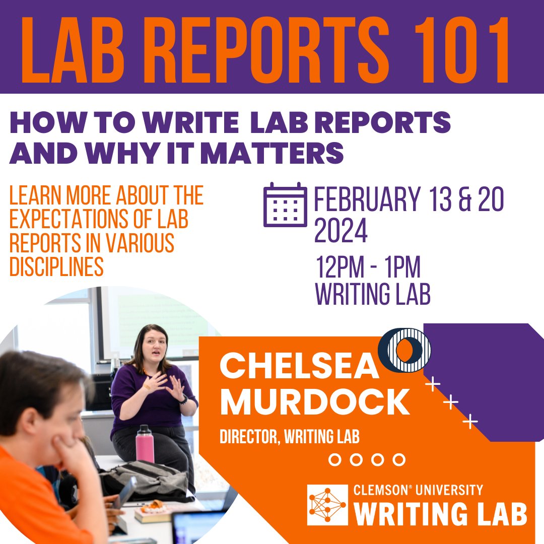 Need help with lab reports? Join us on February 13th and 20th in the writing lab for our Lab Reports 101 workshop! 🧪 Learn the importance of writing a strong lab report and how to do it effectively. 👨‍🔬 📝 #LabReports #WritingLab #Workshop