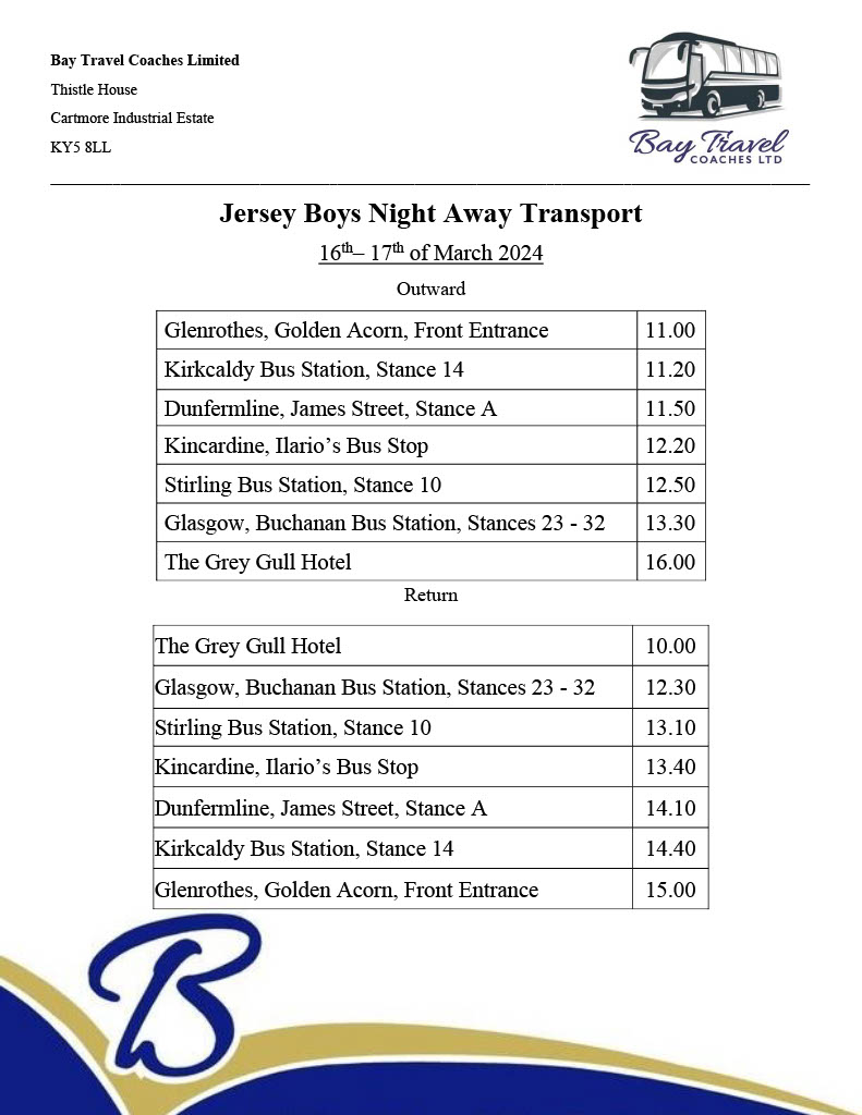 Bay Travel (@baytravelcoach) on Twitter photo Every couple deserves a night away so make it an entertaining one!
The Grey Gull are hosting a Jersey Boys Tribute night and Bay Travel are providing transport from Fife, Stirling and Glasgow!
Book now and call The Grey Gull on 01546 606017 or email greygullhotel@gmail.com Every couple deserves a night away so make it an entertaining one!
The Grey Gull are hosting a Jersey Boys Tribute night and Bay Travel are providing transport from Fife, Stirling and Glasgow!
Book now and call The Grey Gull on 01546 606017 or email greygullhotel@gmail.com