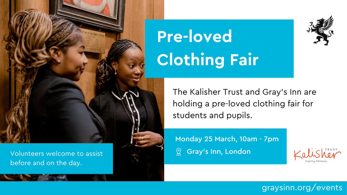 We are excited to host the Kalisher Trust pre-loved clothing fair! Donations of professional/formal wear are available for students and pupils. 👔⚖️ 

🖊️Volunteers are encouraged to sign up!

📅 Monday 25 March
🕐Drop in 10am - 7pm
👥Open to all

🔗More: graysinn.org.uk/events/kalishe…