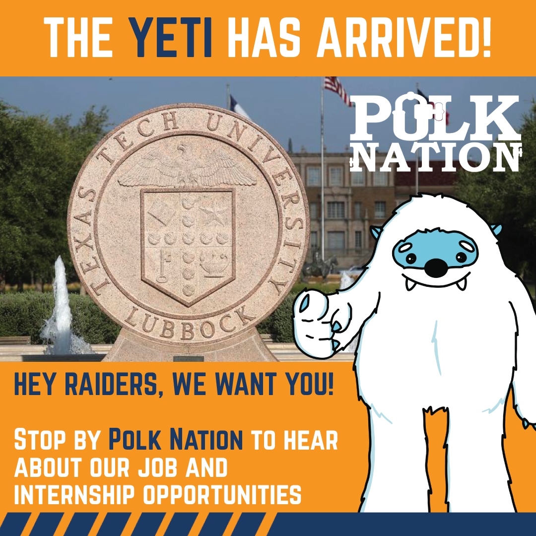 The mythical Yeti has arrived at Texas Tech, and he wants to meet YOU. He won't be doing the talking, but our Polk Nation People sure have a lot to share about an epic internship or construction career at Polk! 

 #PolkNation #WreckEm #TexasTech