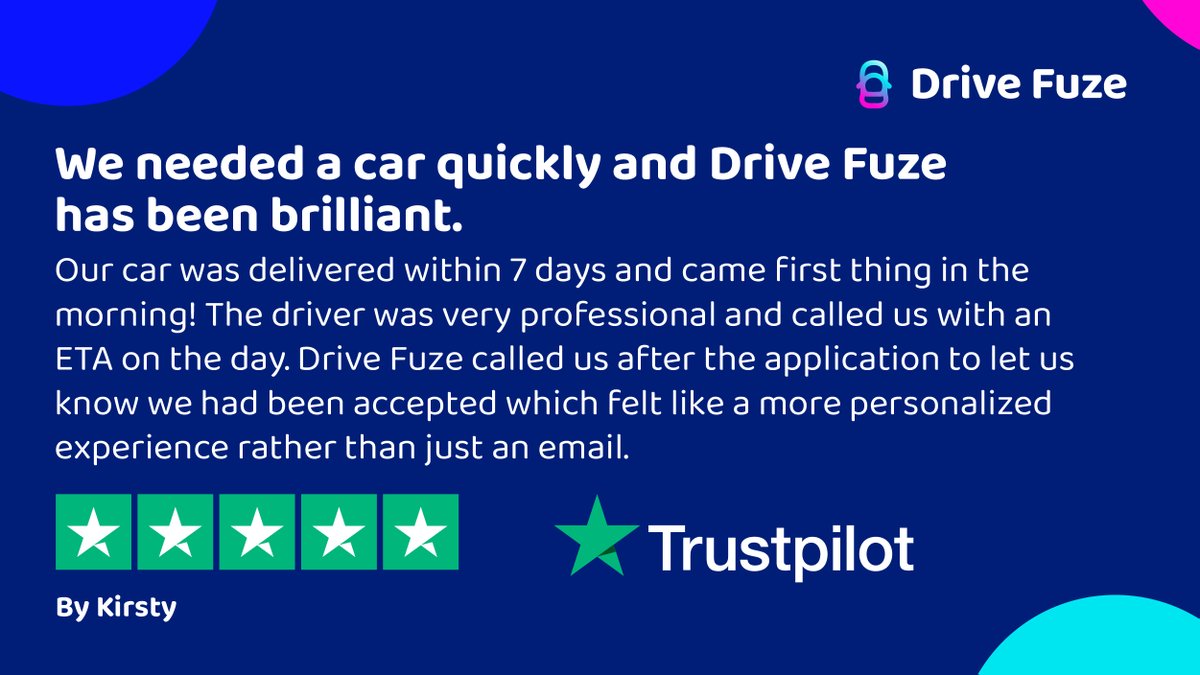 DriveFuze_'s tweet photo. ⭐⭐⭐⭐⭐ Subscriber Kirsty has experienced the benefits of Drive Fuze's all-inclusive car subscription. If you want a new car in seven days with all your costs wrapped up in one predictable monthly fee then look no further - https://t.co/wVJHWmhweO https://t.co/enJEf19sYq