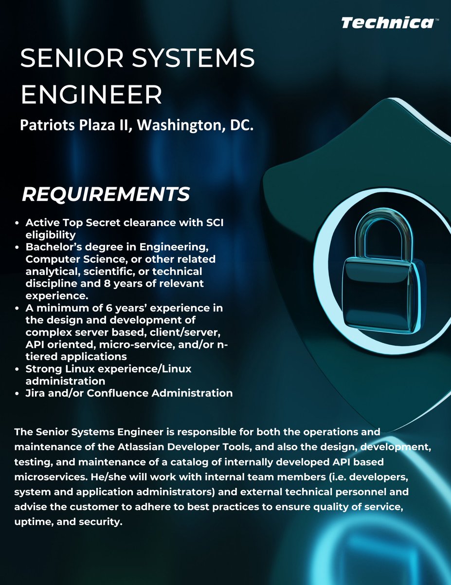 technicacorp's tweet photo. Technica is looking for a Senior Systems Engineer to join our team of talented individuals!

https://t.co/cNSuUNLSSF

#HiringNow #systemsengineering #CareerOpportunity #ITJobs https://t.co/e0ZkhOLTDL